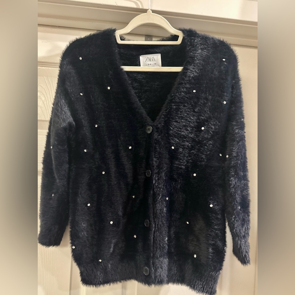 ✨ Zara Jet Black Fuzzy Faux Fur Knit Cardigan with Rhinestones ✨